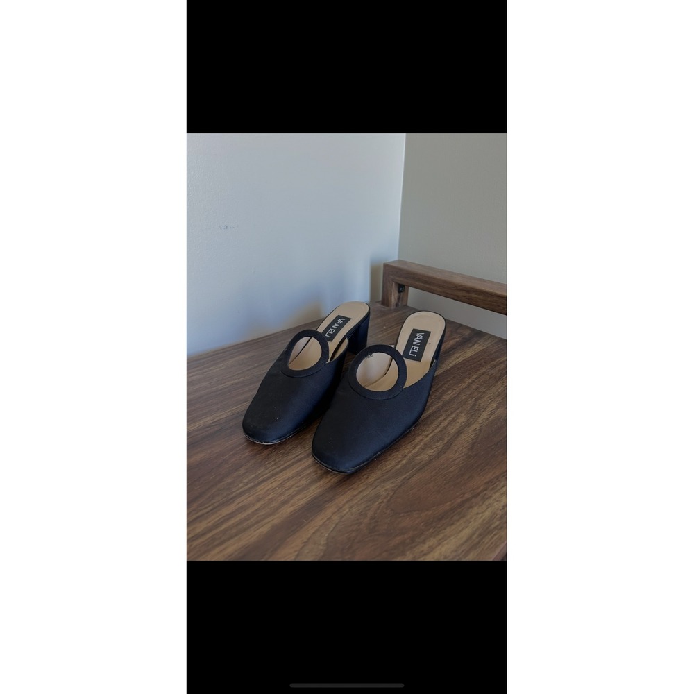 Van Eli Women Black Satin Square Toe Block Heel Mules Cutout Detail Size 7.5 VTG